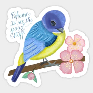 Bird, cherry blossoms, spring spirits and calligraphy Sticker